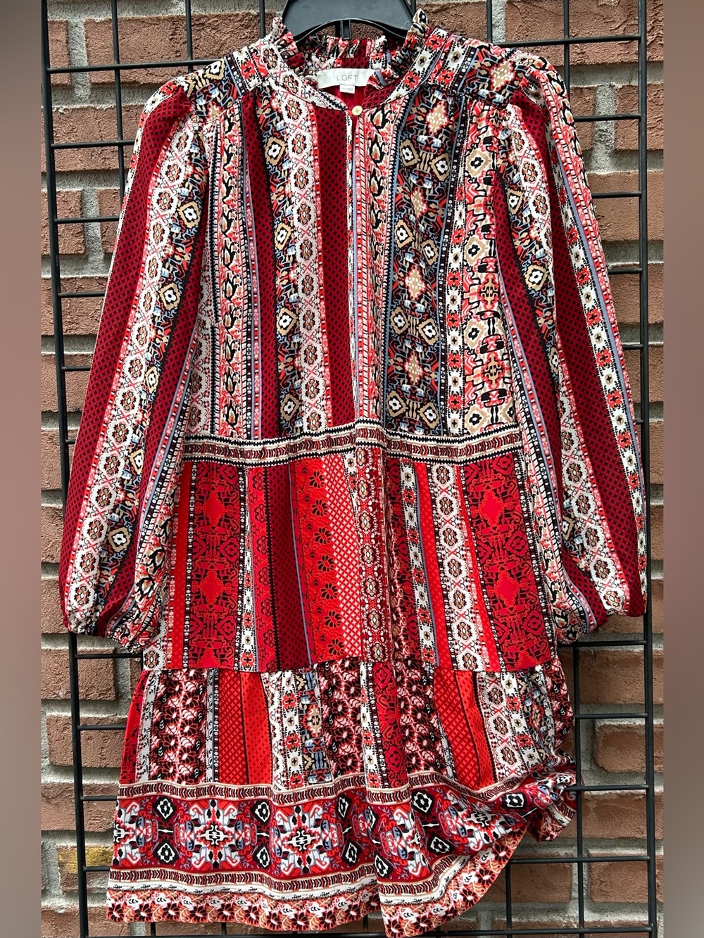 LOFT Red Multi-Pattern Boho Long-Sleeve Dress